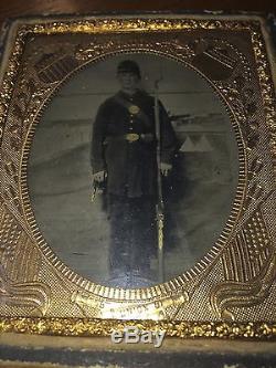 Armed Civil War Soldier Tintype w Leather Backed Half Case