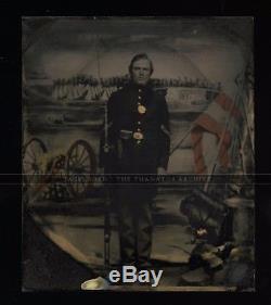 Armed Civil War Soldier with Tinted Flag & Camp Scene / 1860s Tintype Photo