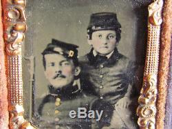 Armed Civil War soldier & drummer boy 1/16th plate tintype & case