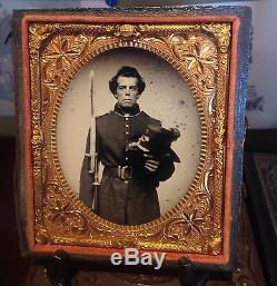 Armed Union Civil War Soldier Rifleman Hardee Hat Ruby Ambrotype