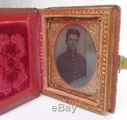 Authentic Civil War Young Soldier Ambrotype Photograph with Union, Locking Case