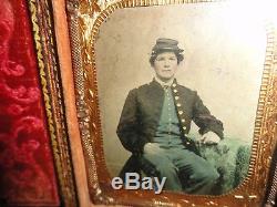 Beautifully Tinted CIVIL War Union Soldier 1/6th Plate Tintype Union Frock Kepi
