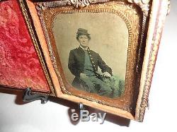 Beautifully Tinted CIVIL War Union Soldier 1/6th Plate Tintype Union Frock Kepi