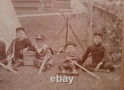 Boys Playing Civil War Soldier Hat Badge Drum Sword Antique Photo 5 1/2 x 6 1/2