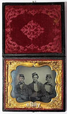 C 1861 AMBROTYPE, 3 CIVIL WAR ERA SOLDIERS IN UNIFORM, possibly WEST POINT