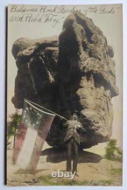 C 1910 Real Photo Southern CIVIL War Soldier Waves 11 Star Flag @ Balance Rock