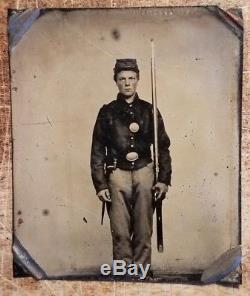 C1963 Civil War Tintype Photo Union Soldier at Attention w Rifle & Bayonet