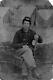 CDV sized tintype of Civil War soldier sitting with camp backdrop loose tintype