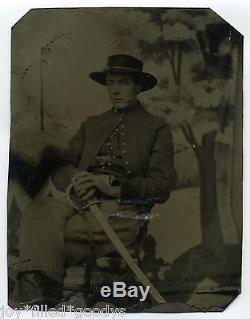 CIVIL WAR CAVALRY SOLDIER WITH SWORD ZOUAVE STYLE JACKET 1860s TINTYPE