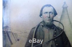 CIVIL WAR ERA SOLDIER with BULLWHIP TENTS U. S. FLAG + BARACADES. TINTYPE PHOTO