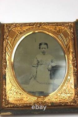 CIVIL WAR ERA TINTYPE Soldier's Daughter with Ornate Frame 1/6 Plate Half Case