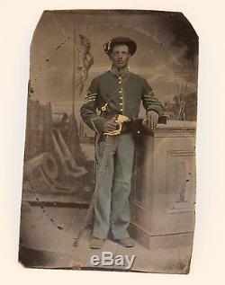 CIVIL WAR SOLDIER TINTYPE PHOTOGRAPH HAND COLORED WithSWORD & PISTOL