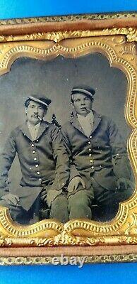 CIVIL WAR TINTYPE 1/6 PLATE OF 2 NAVAL SOLDIERS WithCIGARS IN FULL CASE/VINTAGE