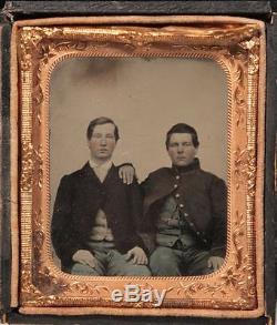 CIVIL WAR TINTYPE OF TWO YOUNG SOLDIERS HAND COLORED With GILDED BUTTONS -IN CASE