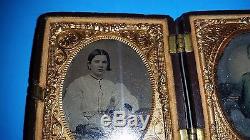 CIVIL War Tintype Photo Confederate Soldier & Woman Gilded Cased Wooden Gorgeous
