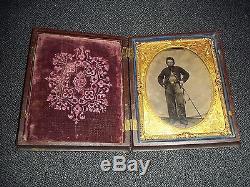 CIVIL WAR TINTYPE PHOTOGRAPH SOLDIER WITH SWORD 1/4 QUARTER PLATE WITH CASE