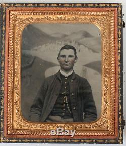 CIVIL War Tintype Soldier Tinted And Gilded. Painted Background. 1/6 Plate