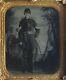 CIVIL War Soldier In Uniform, Painted Background, Flag/cannon. 6th Plate Ambrotype