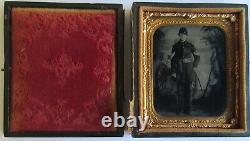 CIVIL War Soldier In Uniform, Painted Background, Flag/cannon. 6th Plate Ambrotype