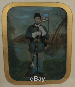 CIVIL War Soldier With Rifle. Full Plate Tinted Tintype. Period Framing. Rare