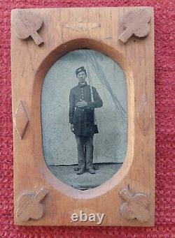 CIVIL War Tintype Soldier Armed In Corps Badges Wood Frame
