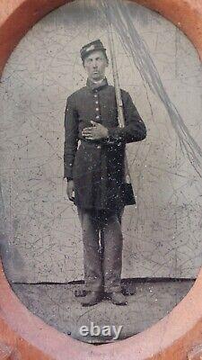 CIVIL War Tintype Soldier Armed In Corps Badges Wood Frame