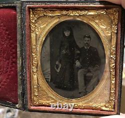 CIVIL War Tintype Union Soldier And Woman In Mourning In Case