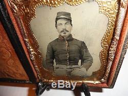CIVIL War Union Cavalry Soldier 1/6th Plate Tintype Union Shell Jacket Tint Kepi