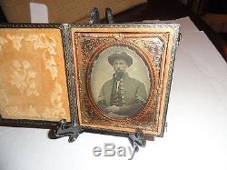 CIVIL War Union Infantry Soldier 1/6th Plate Ambrotype Corporal Hardee Hat Case