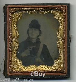 CONFEDERATE TEEN BOY SOLDIER With POCKET PISTOL & BOWIE KNIFE CIVIL WAR AMBROTYPE