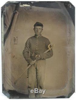Ca 1860's CIVIL WAR 1/4 PLATE TINTYPE 2 X ARMED UNION CAVALRY SOLDIER withCOLT 44