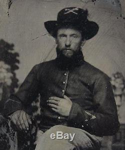 Ca 1860's CIVIL WAR 6th PLATE RUBY RED AMBROTYPE UNION CAVALRY SOLDIER