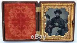 Ca 1860's CIVIL WAR 6th PLATE RUBY RED AMBROTYPE UNION CAVALRY SOLDIER