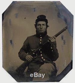 Ca 1860's CIVIL WAR 6th PLATE TINTYPE ARMED SEATED UNION SOLDIER in UNION CASE