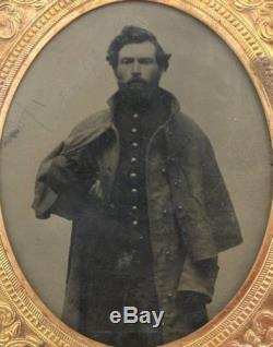 Ca 1860's CIVIL WAR 6th PLATE TINTYPE UNION INFANTRY SOLDIER withGREATCOAT & KEPI