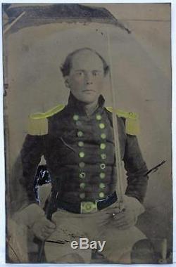 Ca 1860's CIVIL WAR LARGE PLATE TINTYPE ARMED UNION SOLDIER in PERIOD WOOD FRAME