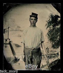 Cased 1/6 Tintype Young Civil War Soldier Rope/Cloth Belt Fort Backdrop