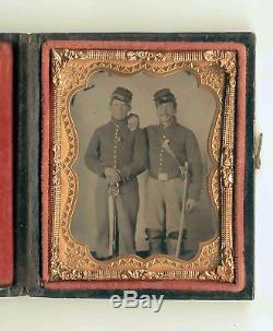 Cased MALE AFFECTION Pair CIVIL WAR 9th Plate AMBROTYPE Soldiers withKepis/Weapons