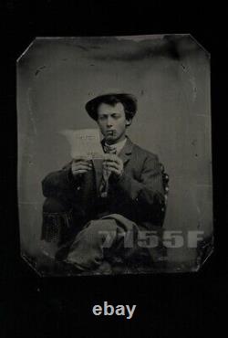 Cigar Smoking Reading Letter 1/6 Tintype Photo Wisconsin 1860s Civil War Soldier