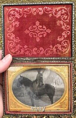 Civil War 1/4 Plate Ambrotype Image Mounted Soldier On Horse