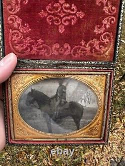 Civil War 1/4 Plate Ambrotype Image Mounted Soldier On Horse