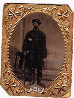 Civil War 1/4 Plate Tintype of Union Soldier/Officer with tall Boots in Case