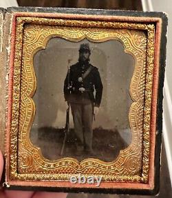 Civil War 1/6th Plate Photo Tintype Of Armed Soldier Outside