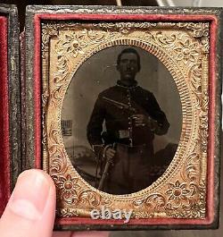 Civil War 1/6th Plate Tintype Image Double Armed Cavalry Soldier With Colt