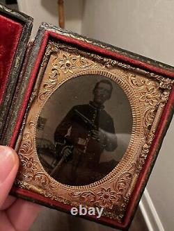 Civil War 1/6th Plate Tintype Image Double Armed Cavalry Soldier With Colt