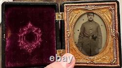 Civil War 1/9th Plate Tintype Armed Soldier With Revolver & Militia Belt Buckle