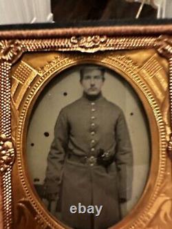 Civil War 1/9th Plate Tintype Armed Soldier With Revolver & Militia Belt Buckle