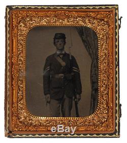 Civil War 2 x 2.5 Plate Tintype Armed Union Soldier. Ornate 3 x 3.75 case