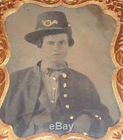 Civil War 9th Plate Tintype Photo Union Cavalry Soldier Hardee Hat Thermoplastic