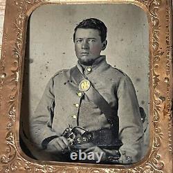 Civil War Confederate Soldier With Pistol Tintype Gutta Percha Case Antique